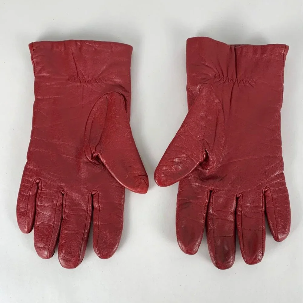 Stylish Red Genuine Leather Womens Winter Gloves Soft Polyester Lining Size 8